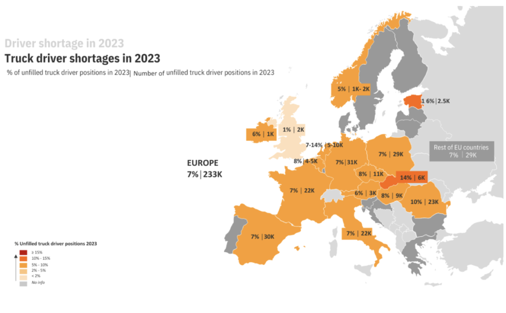 Mapa de Europa con las estadísticas sobre la escasez de camioneros en 2023.