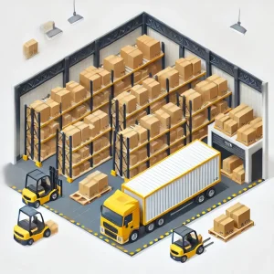 ilustración de un camión siendo cargado en el interior de un almacén