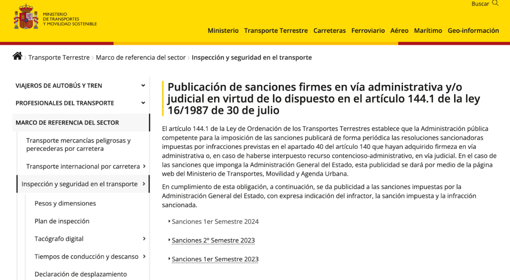publicación con las sanciones del Ministerio de Transporte