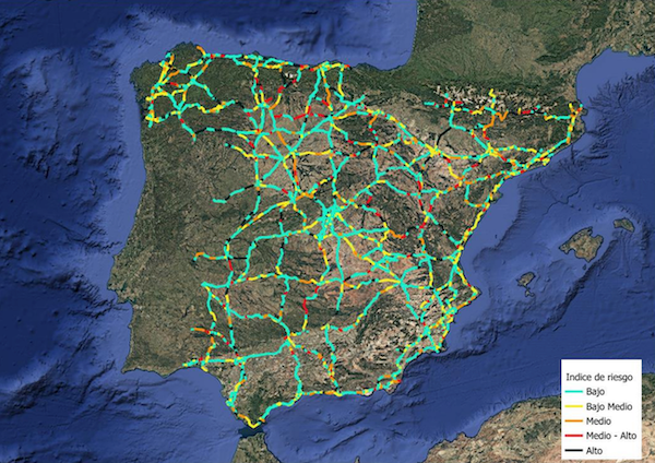 mapa de España con la peligrosidad de las carreteras